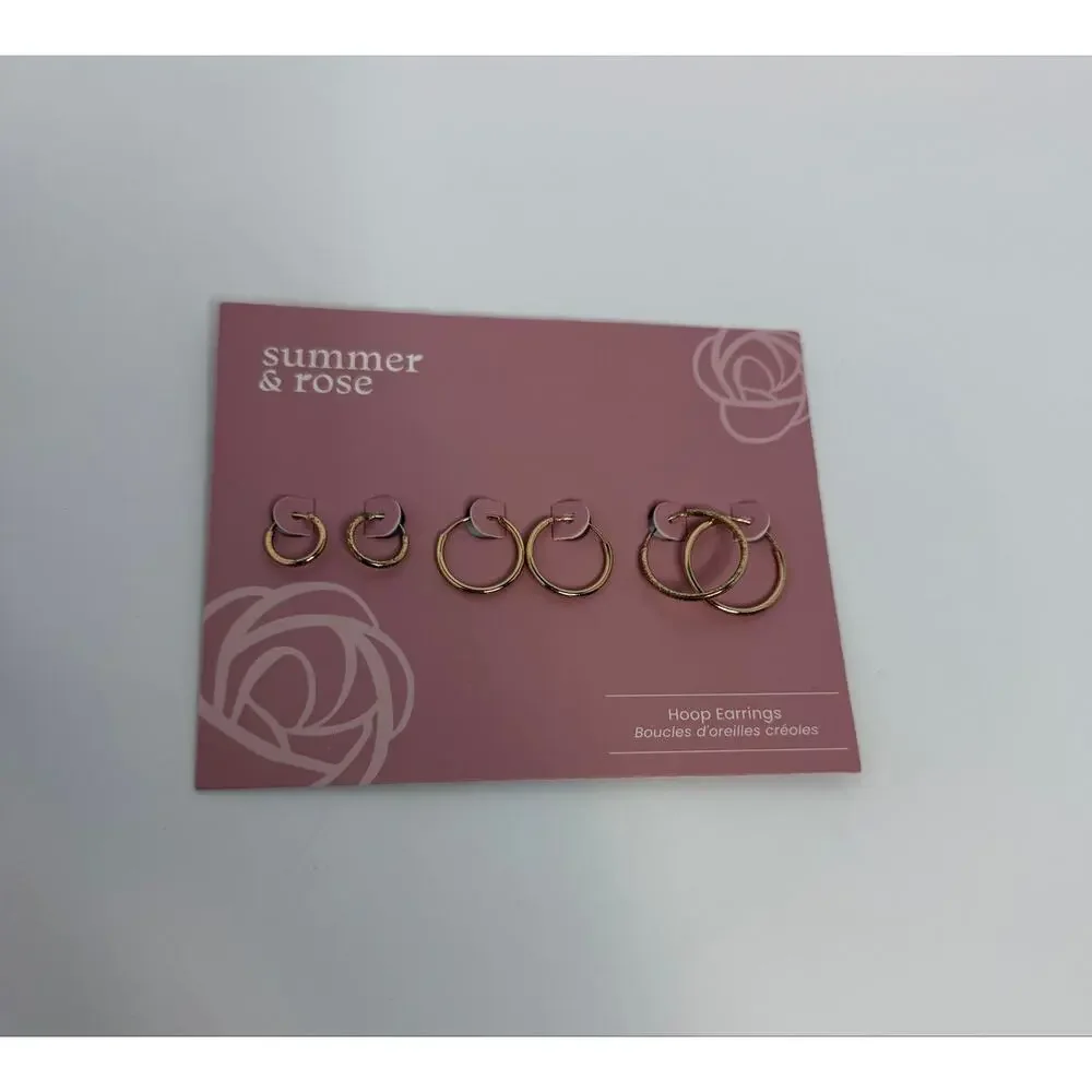 Summer & Rose Gold Tone Hoop Earrings Set 3 Pairs FabFitFun NWT with Pouch